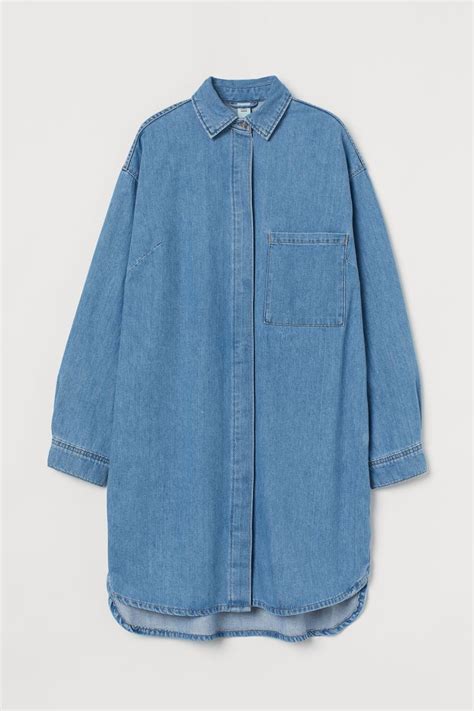 Oversized Denim Dress Long Sleeve Short Denim Blue Ladies Handm Us