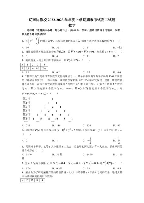 辽宁省辽南协作校2022 2023学年高二上学期期末考试数学试题（含答案） 21世纪教育网