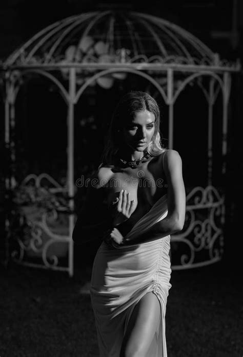 Fashion Model In White Dress Covering Breast With Hand Boobs Tits Chest Stock Photo Image Of