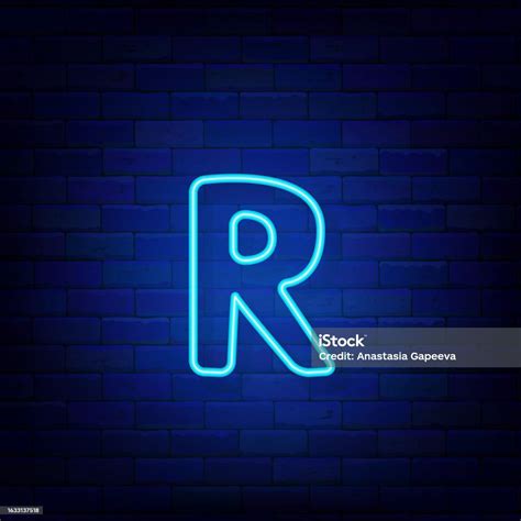 Neon Letter R On Brick Wall Bright Blue Logotype Simple Shape Glowing