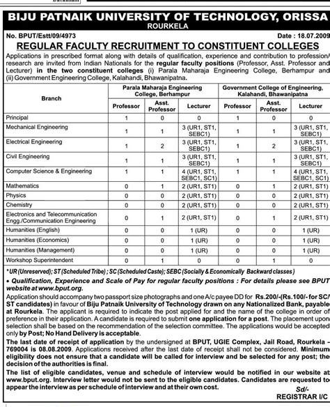 Odisha Hrd Bput Advertises For 37 37 Positions For Its Engineering Colleges In Berhampur And