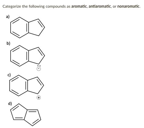 SOLVED: Categorize the following compounds as aromatic; antiaromatic ...