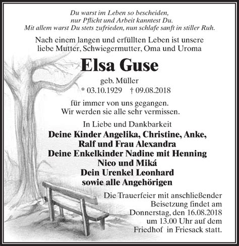 Traueranzeigen Von Elsa Guse Trauer Anzeigen De