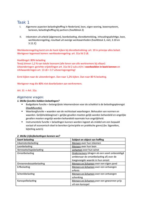 Taak Taak I Algemene Aspecten Belastingheffing In Nederland