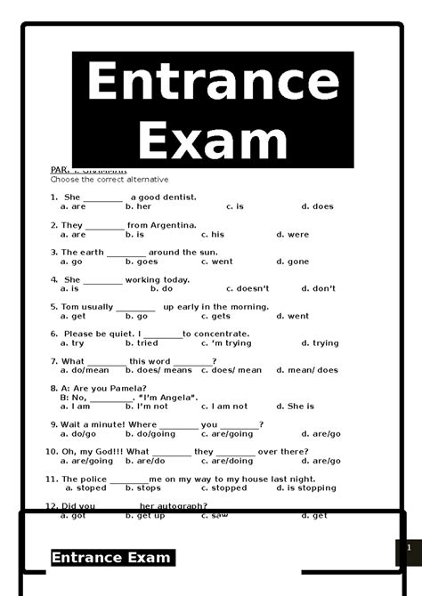 Entrance exam - lecture notes - 1 PART I: GRAMMAR Choose the correct