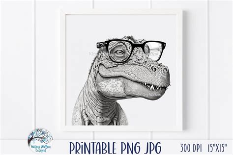 T Rex Dinosaur With Glasses Drawing Printable Cute Detailed - Etsy