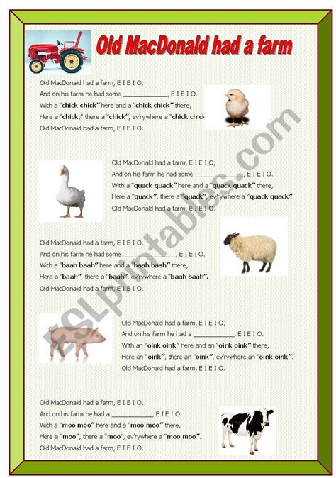 Song Old Macdonald Had A Farm Esl Worksheet By Dottel