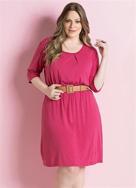 Vestido Acinturado Mangas 3 4 Rosa Plus Size Quintess