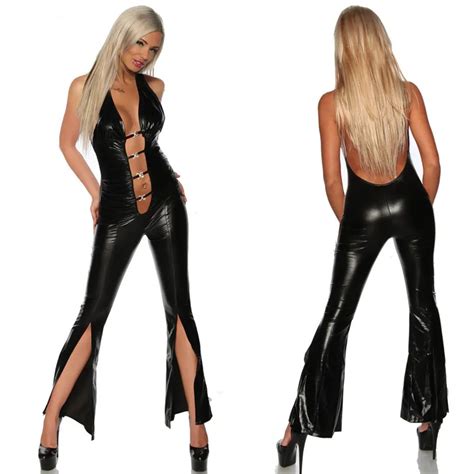 Sexy Women Faux Leather Bodysuit Hollow Out Backless Sexy Deep V Expose