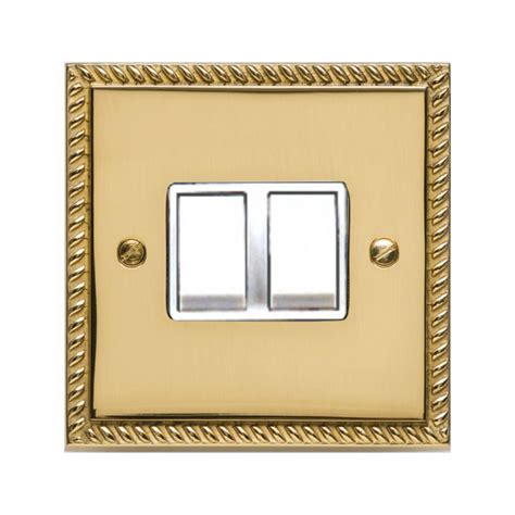 G992w 2 Gang 2 Way 6a Rocker Switch Georgian Polished Brass Rope Edge Raised Plate White