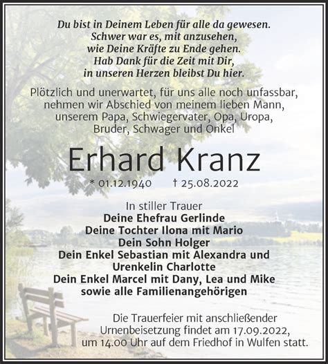 Traueranzeigen Von Erhard Kranz Abschied Nehmen De