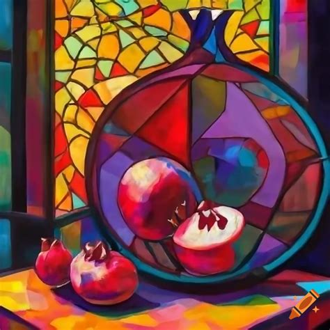 Cubo Futurism Painting Of Vibrant Pomegranates Resembling Stained Glass