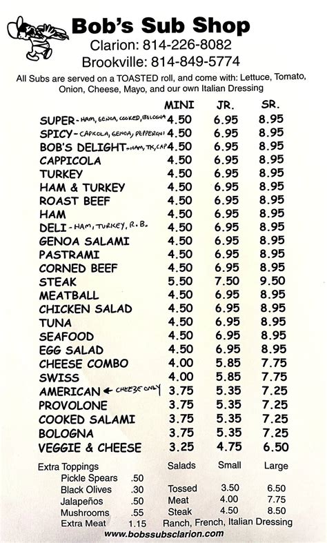 Menu At Bobs Sub And Sandwich Shop Restaurant Clarion