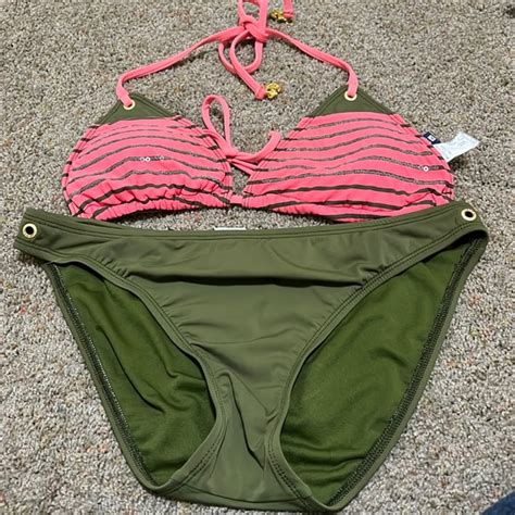 Sperry Swim Sperry Olive Greee Orange Striped Sequin Bikini Top Xs