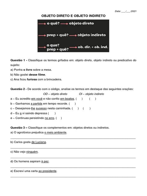 Atividade Objeto Direto E Indireto - Atividades sobre Objeto Direto e Indireto | PDF | Arte