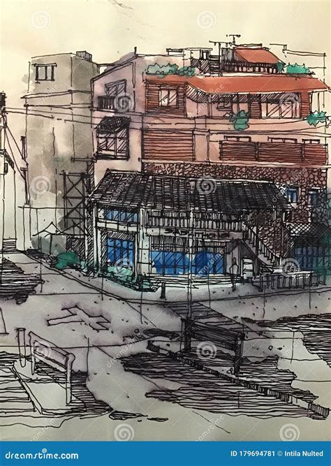 Watercolor Architecture Painting. Sketching House Architecture Painting
