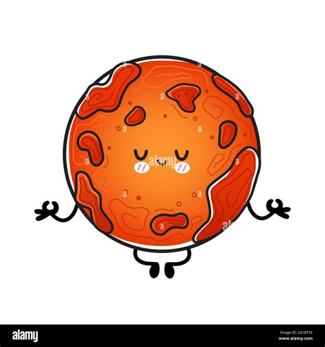 Cute Funny Happy Mars Planet Meditate In Yoga Pose Vector Hand Drawn