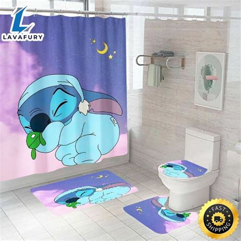 Lilo Stitch Cartoon Waterproof Shower Curtain Toilet Cover Mat Lid