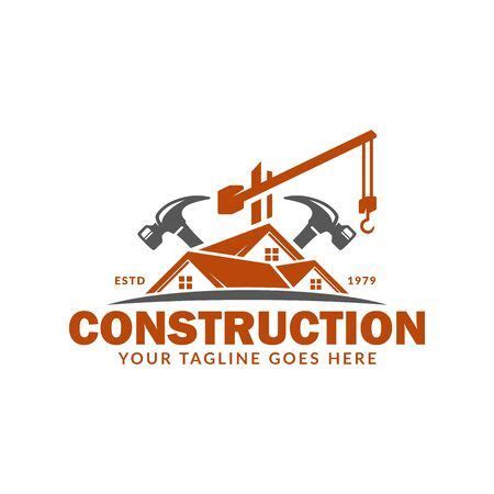 The Logo For Construction Company With Two Hammers On Top Of A House