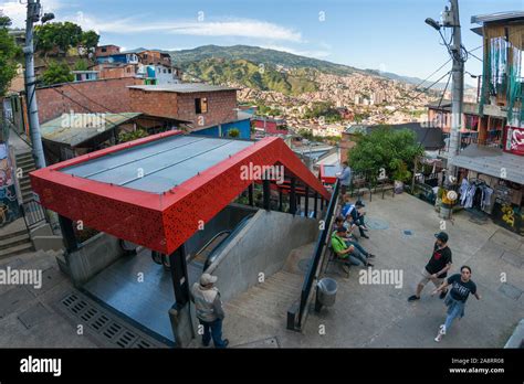 Escalators in San Javier (also known as comuna 13) in the city of Medellin, Colombia Stock Photo ...