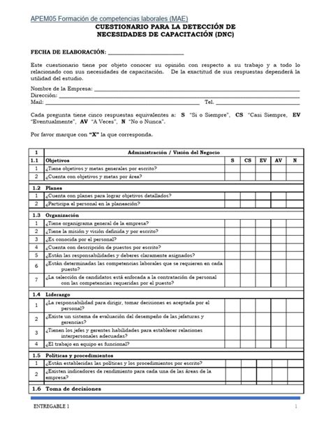 Cuestionario De Deteccion De Necesidades De Capacitacion Pdf Business Calidad Comercial