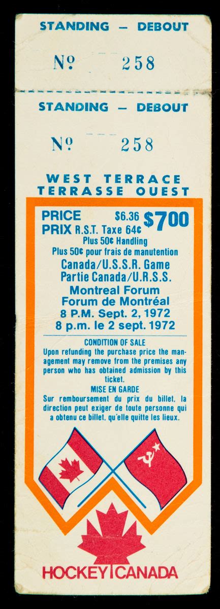 Lot Detail Canada Russia Series Game Full Ticket From Montreal