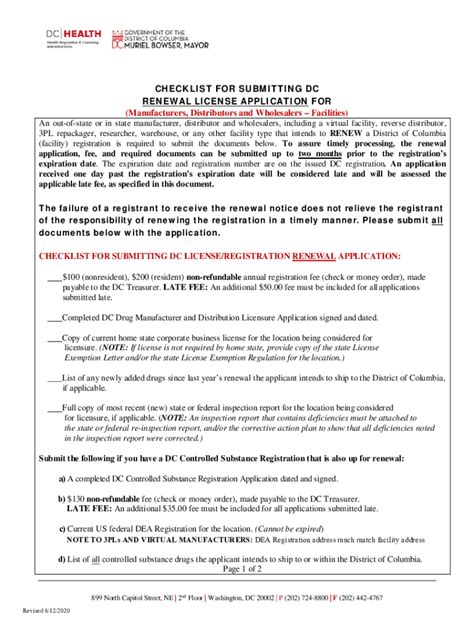 Fillable Online Dchealth Dc CHECKLIST FOR SUBMITTING DC RENEWAL LICENSE