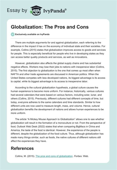 Globalization The Pros And Cons 316 Words Essay Example