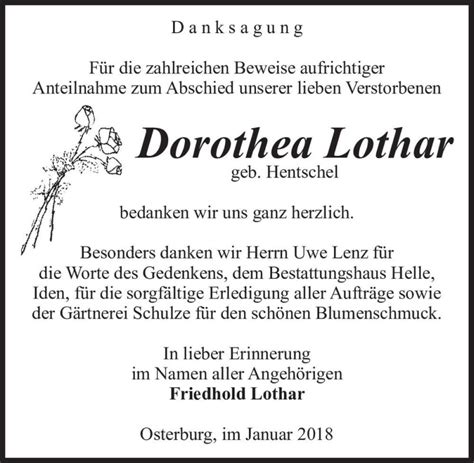 Traueranzeigen Von Dorothea Lothar Geb Hentschel Abschied