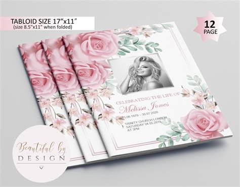 12 Page Pink Flowers Funeral Program Template Celebration Of Etsy