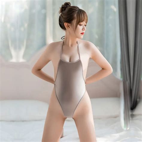 Sexy Gloosy Bandage Hollow Out High Cut Bodysuit Shiny Halter One Piece