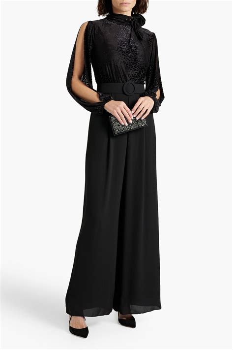 Mikael Aghal Belted Devor Velvet And Crepe Wide Leg Jumpsuit The Outnet