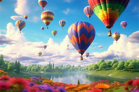 Premium Photo Rainbowcolored Hot Air Balloons Floating Over A Se