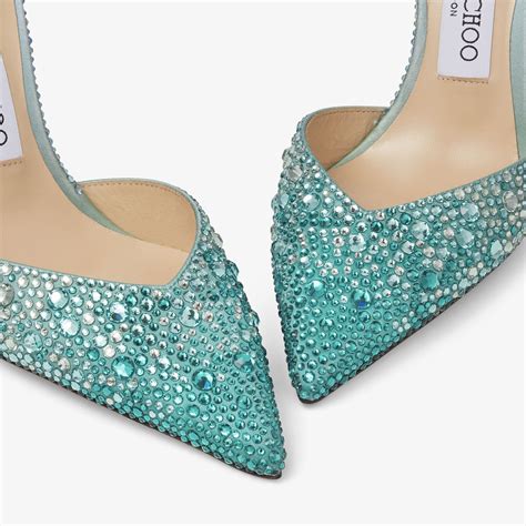 JIMMY CHOO Saeda 100 Peacock Satin Pumps With Crystal Embellishment