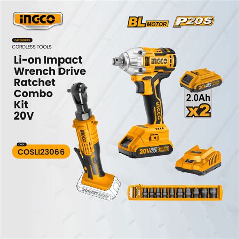 INGCO BRUSHLESS 20V Cordless Impact Wrench 2PCS Combi Kit Set Work