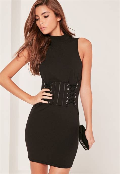 Missguided Crepe Sleeveless Corset Detail Bodycon Dress Black Tight