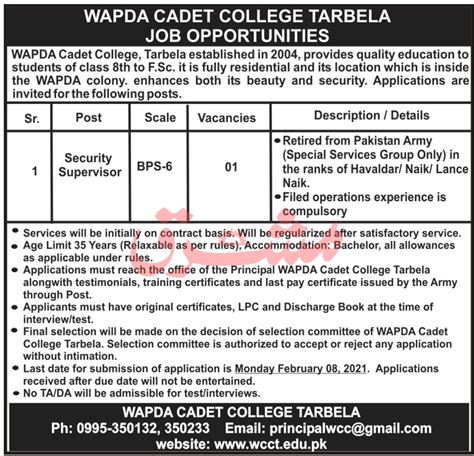 Wapda Cadet College Tarbela Jobs Job Advertisement Pakistan