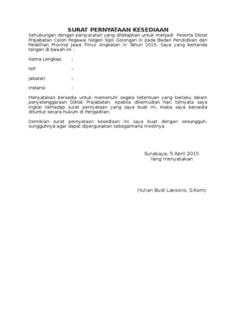 Surat Pernyataan Kesediaan