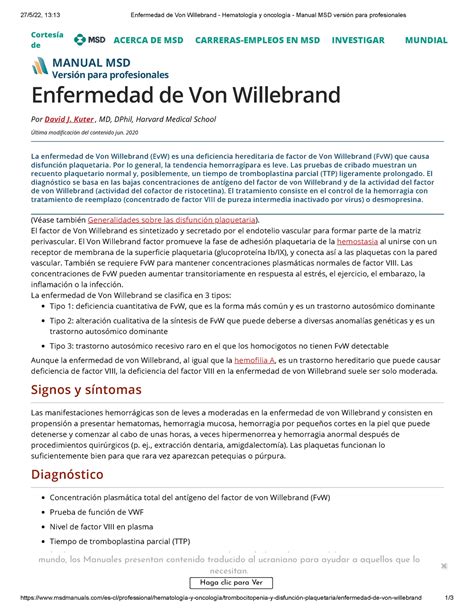 Enfermedad de Von Willebrand Hematología y oncología Manual MSD