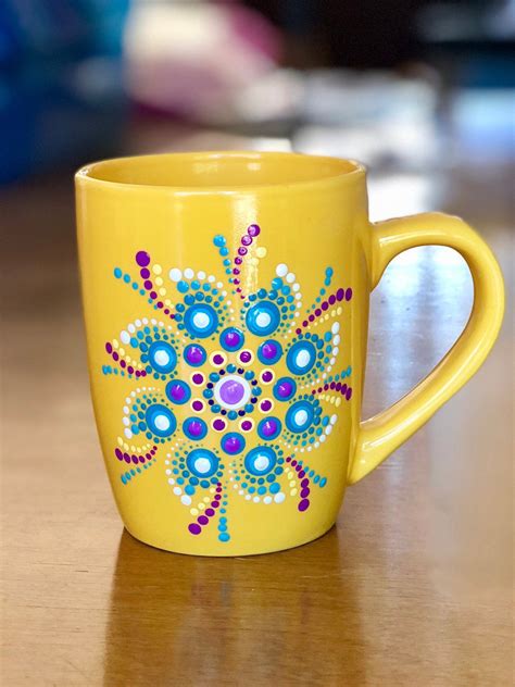 Coffee Cupmug Dot Mandala 12 Oz Hand Painted Yellow Etsy Taza De