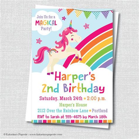 Rainbow Unicorn Birthday Party Invitation Unicorn Themed Rainbow