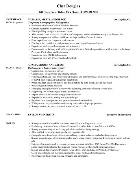 Videographer Resume Samples Velvet Jobs