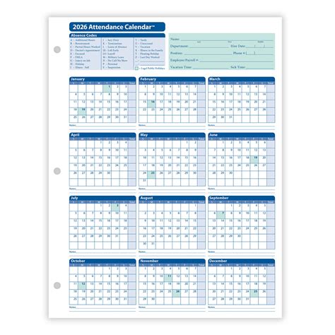 2026 attendance calendar printable free