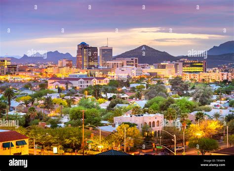 Tucson Arizona Usa Downtown City Skyline With Mountains At Twilight