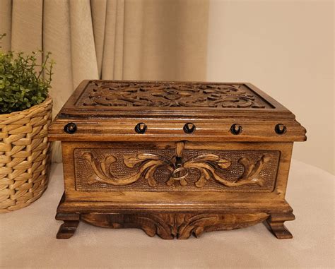 Secret Lock Jewelry Box With Key Carved Walnut Storage Chest Bedroom