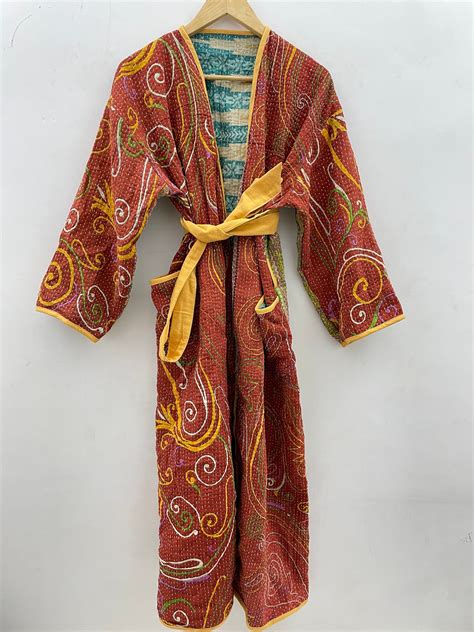 Buy LONG VINTAGE QUILTED Winter Kantha Quilted Kimono Robes Online In