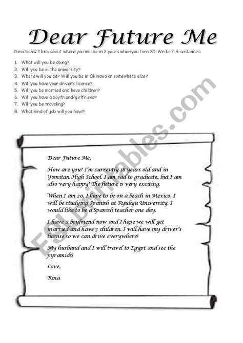 Dear Future Me ESL Worksheet By Gpanozzo