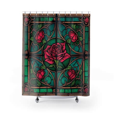 Red Rose Stained Glass Inspired Shower Curtain Victorian Goth Design