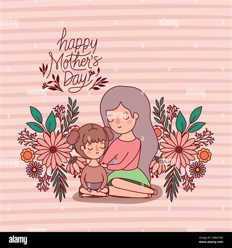 Mother And Daughter Cartoon With Flowers And Leaves Vector Design Stock