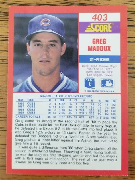 Greg Maddux Chicago Cubs Score Baseball Card Mt Ebay